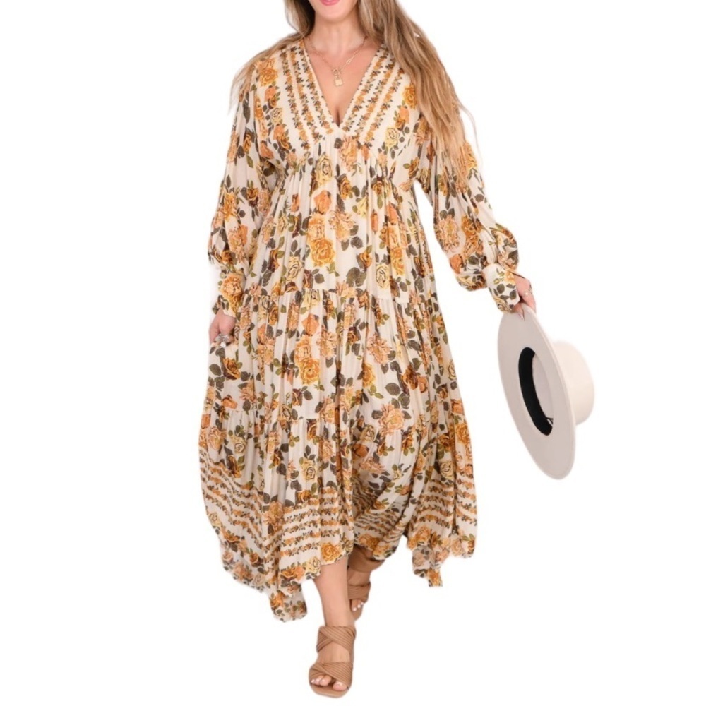 Free People Ivory Combo Rows of Roses Maxi Dress - Picture 5 of 17